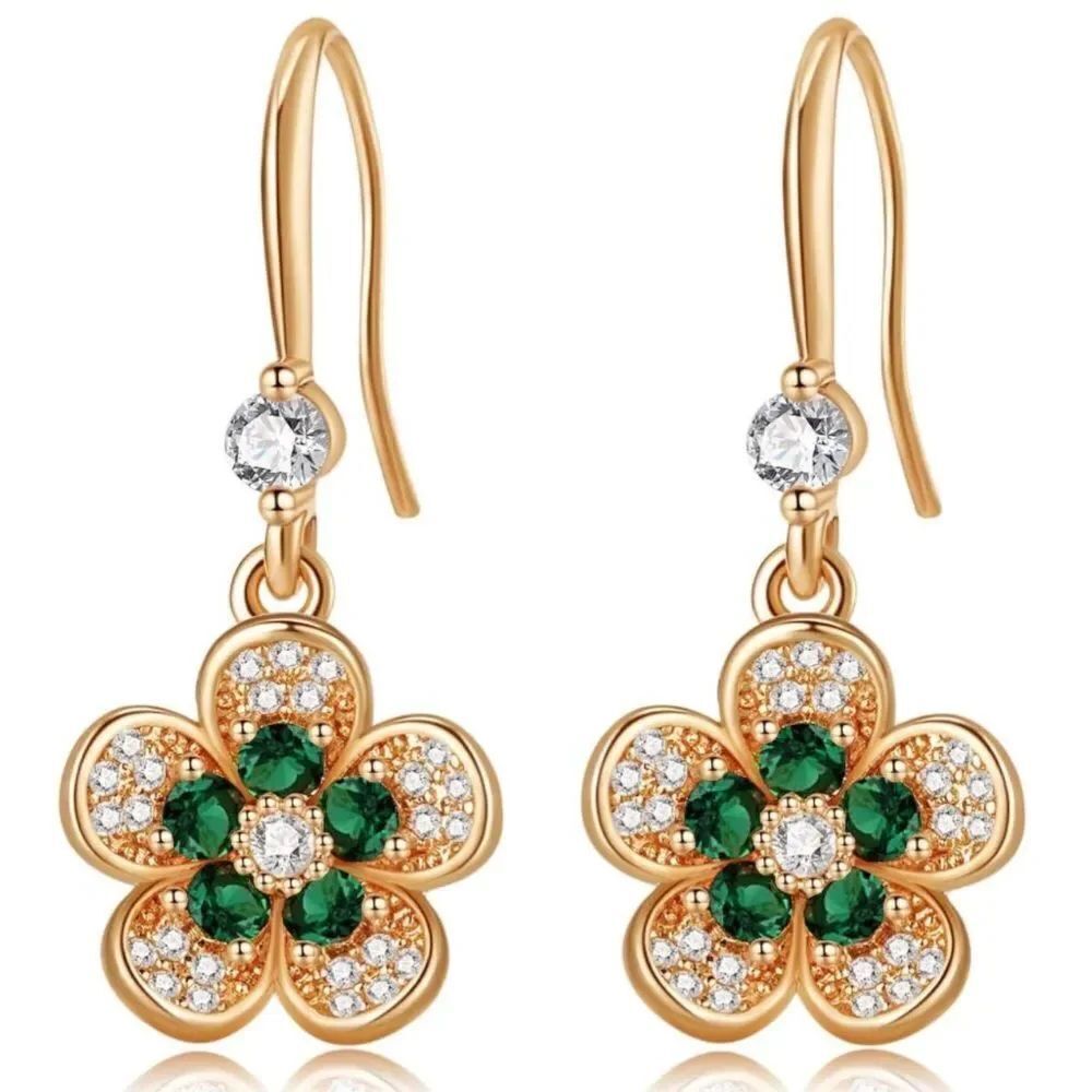 14K Yellow Gold with Emerald Green and Diamond Austrian Crystal Flower Earrings